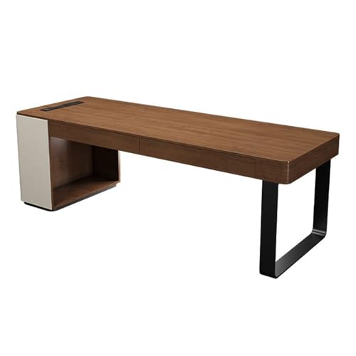 FZL02068LM PC-Tisch Moderner minimalistischer Schreibtisch aus Massivholz mit Ladesteckdosen, Schreibtisch-Arbeitsplatz in Walnussfarbe for das Home Office 2 Schubladen Schreibtisch(S) von FZL02068LM