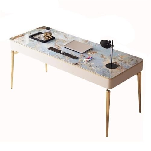 FZL02068LM PC-Tisch Schreibtisch for das Home Office mit 2 Schubladen und Ladesteckdosen, moderner Luxusschreibtisch Steinplatten-Schreibtischplatte goldenem Metallrahmen Schreibtisch(L) von FZL02068LM