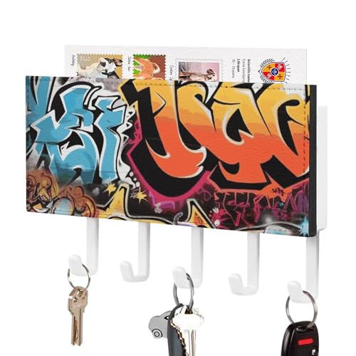 FZMTLDS Graffiti Hip Hop Schlüsselhalter für Wand PU Schlüsselbrett Wandhalterung Wandmontage Schlüsselschiene Rack Aufhänger Halter Bauernhaus Wand Schlüsselregal mit 5 Haken für Tür Eingang von FZMTLDS