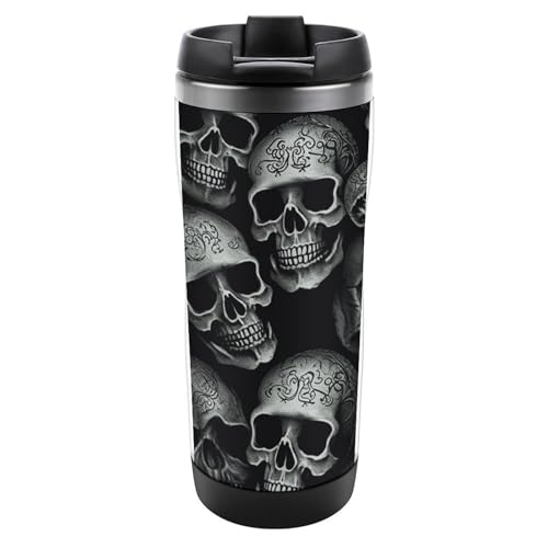 FZMVSQH Schwarzer Totenkopf-Druck, vakuumisolierter Edelstahl-Reisebecher mit auslaufsicherem Schiebedeckel, wiederverwendbar, isolierter Edelstahl-Kaffeebecher, passend für die meisten Becherhalter von FZMVSQH