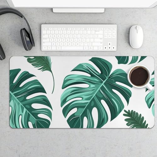 Großes Mauspad, Cyan-Palmenblätter, Schreibtischunterlage, Schutz, wasserdichte Schreibtischunterlage für Tastatur und Maus, rutschfeste Gummiunterseite, Schreibtischmatte, Gaming-Mauspad, für Büro von FZMVSQH