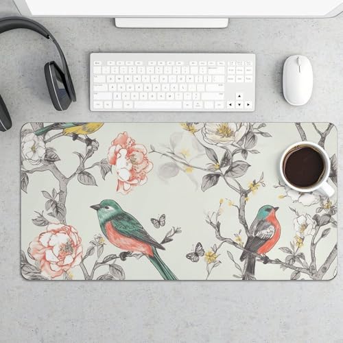 Großes Mauspad, Vögel und Blumen, Schreibtischunterlage, wasserdicht, Schreibtischunterlage für Tastatur und Maus, rutschfeste Gummiunterseite, Schreibtischmatte, Gaming-Mauspad, für Büro, Zuhause, 30 von FZMVSQH