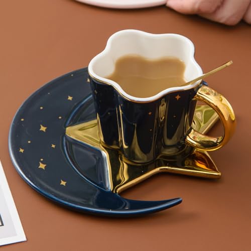 120 ml Kaffeetassen Set mit Löffe Stern und Mond Untersetzer, Kaffeetasse Tassen Set Kaffeebecher Keramik Tasse, Kaffee Tassen Cappuccino Tassen, Espressotassen Becher Keramik, für Kaffee, Tee (A) von FZQBEY