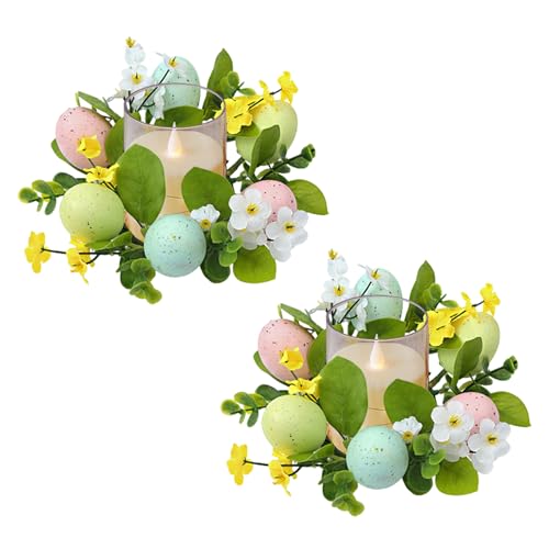 2 Stück Osterdeko Kerzenringe, Osterkranz Kerzenkranz Künstlicher Ostern Kerzenring mit Ostereier Frühlingskranz Kerzengirlande Haustür Eiergirlande Ostergirlande für Ostern Tischdeko Party Deko (A) von FZQBEY