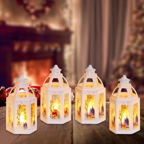 4 Stück Weihnachtsdeko Laterne Mit LED Kerzen, Weihnachtslaterne, Flammenlose Kerzenlaterne, Windlicht, Beleuchtete Laternen Für Innen Und Außen (A) von FZQBEY