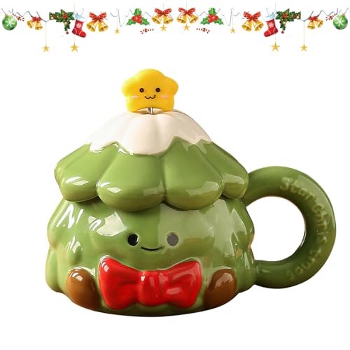 420ml Weihnachtstasse Keramik Kaffeebecher Weihnachten Tasse mit Deckel und Löffel Weihnachtsbaum Weihnachtsbecher Keramik Christmas Mug Weihnachten Becher Porzellan Kaffeetasse Milchtasse (A) von FZQBEY