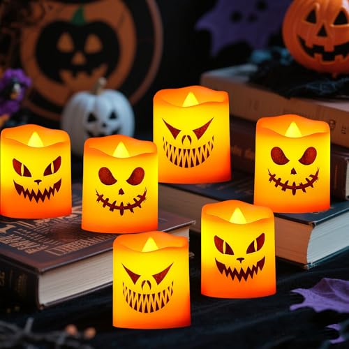 6 Stück LED Teelichter, Halloween Deko Kürbis Flammenlose LED Kerzen Halloween Tischdeko Elektrische Flackernde Kerze Teelicht Batteriebetriebene Laterne Windlicht für Innen Außen Party Dekoration (A) von FZQBEY