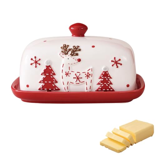 Butterdose Keramik mit Deckel, Hochwertige Butterdose Porzellan mit Roter Griff Weihnachtsmann Baum Elch Muster Dickwandiger Butterschale Weihnachten Butterbehälter Spülmaschinenfest (B, /) von FZQBEY