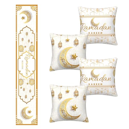 FZQBEY 5 Stück Ramadan Deko Tischdecke und Ramadan Kissenbezug Set, Eid Mubarak Dekoration Tischläufer Kissenhülle Stern Mond Kissenbezüge Ramadan Zierkissenbezüge Kissen für Islamic Muslim Deko (C) FZQBEY 5 Stück Ramadan Deko Tischdecke und Ramadan Kissenbezug Set, Eid Mubarak Dekoration Tischläufer Kissenhülle Stern Mond Kissenbezüge Ramadan Zierkissenbezüge Kissen für Islamic Muslim Deko (C) von FZQBEY
