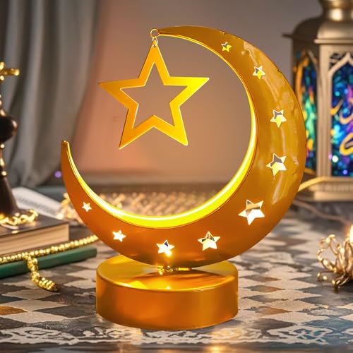 FZQBEY Ramadan Deko LED Mond Lampe, Ramadan Tischdeko Lichter, Eid Mubarak Dekoration Ramadan Mond Stern Nachtlicht, Ramadan LED Muslim Schreibtischlampe Nachttischlampe für Ramadan Dekoration (A) von FZQBEY