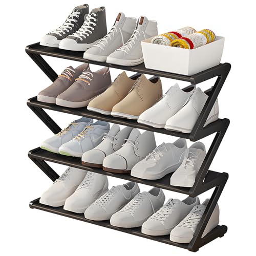 FZQBEY Schuhregal mit 4 Ebenen, Schuhregal Schmal, Schuhregal Platzsparend, Shoe Rack, Schuhablage, Schlank Stapelbar Fußwarenaufbewahrung für Flur, Kein Werkzeug Erforderlich (Schwarz, Groß) von FZQBEY