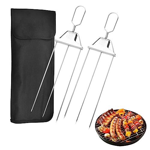 Halbautomatische Grillgabel aus Edelstahl, 3 Way Grill Skewers, Grillspieße Edelstahl, Edelstahl-schaschlikspieße mit Schieberegler, Grill-Zubehör, Wiederverwendbare Metall grill spieße (2 Stück) von FZQBEY