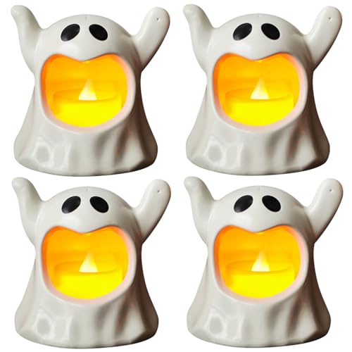 Halloween Deko Geist Kerzenlicht, 4 Stück Halloween Deko Geister Figuren mit LED Kerzen Geister Nachtlicht LED Teelichter Leuchtende Geisterfigur Lampe Statue Gespenst Laterne Ghost Windlicht (B) von FZQBEY
