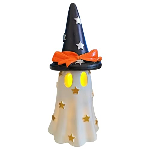 Halloween Deko Geist mit LED Licht, Halloween Deko Geister Figuren mit Hexenhut Leuchtende Geisterfigur Statue Harz Gespenst Helloween Deko Innen Skulptur Ghost Ornament für Party Tischdeko (Weiß) von FZQBEY