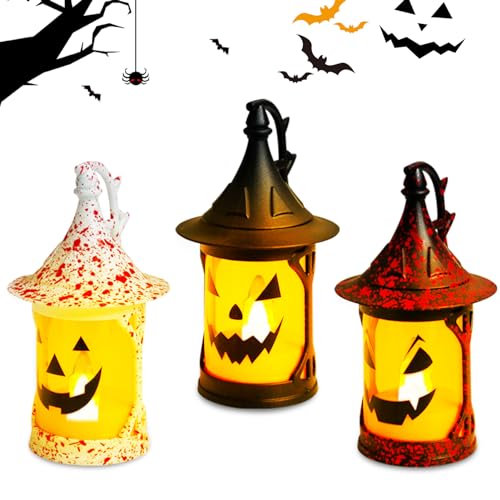 Halloween Deko Geister Laterne Kürbis LED Kerzen, 3 Stück Hängende Halloween LED Kerzenlaterne Flammenlose Flackernde Kerze Windlicht Batteriebetriebene Laternen für Halloween Dekoration Tischdeko (A) von FZQBEY