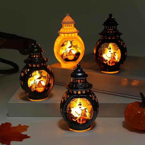 Halloween Deko Kürbis Geister Laterne mit LED Kerzen, Hängende Halloween Dekoration LED Kerzenlaterne Flammenlose Flackernde LED Kerze Windlicht Batteriebetriebene Laternen für Tischdeko (4 Stück) von FZQBEY
