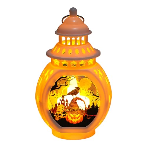 FZQBEY Halloween Deko Kürbis Geister Laterne mit LED Kerzen, Hängende Halloween Dekoration LED Kerzenlaterne Flammenlose Flackernde LED Kerze Windlicht Batteriebetriebene Laternen für Tischdeko (A) von FZQBEY