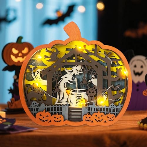 Halloween Deko Kürbis mit LED Licht, Herbstdeko Leuchtende Holz Kürbis Deko Lampe mit LED Lichterkette, Halloween Kürbis Laterne Nachttischlampe für Herbst Deko Innen, Tischdeko (A) von FZQBEY