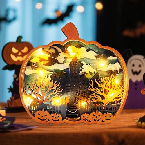 Halloween Deko Kürbis mit LED Licht, Herbstdeko Leuchtende Holz Kürbis Deko Lampe mit LED Lichterkette, Halloween Kürbis Laterne Nachttischlampe für Herbst Deko Innen, Tischdeko (B) von FZQBEY
