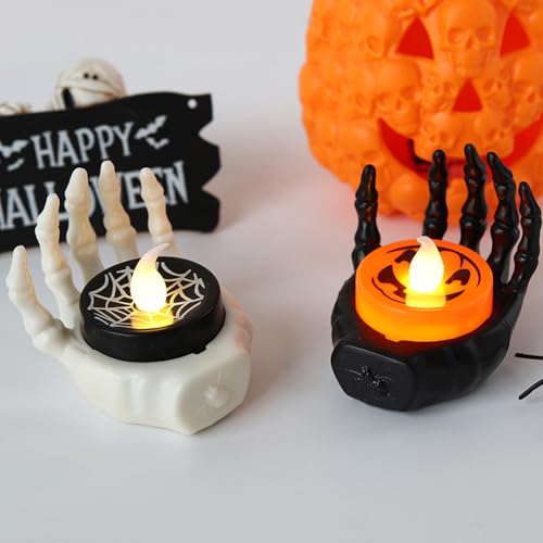 Halloween Deko LED Kerzen, Halloween Deko Skelett Hand LED Kerzen Batteriebetriebene Flammlose Kerzenlicht LED Teelichter für Halloween Deko Innen Outdoor Tischdeko Halloween Dekoration (2 Stück) von FZQBEY