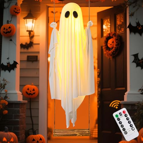 Halloween Deko Outdoor Geister Leuchtend, Große Hängende Schaukel Geist Halloween Dekoration mit 8 Lichtmodi Fernbedienung Timer und Lichterkette, Gruselige Geist für Garten, Veranda, Hof, Baum (A) von FZQBEY