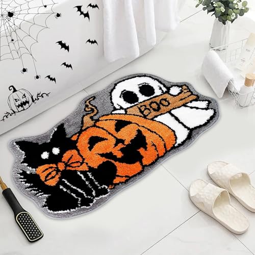 Halloween Fußmatte, Halloween Badematte, Halloween Deko Kürbis Geist Schwarze Katze BOO Badezimmerteppich Halloween Deko Innen Gruselig Teppich Rutschfest Türmatte für Badezimmer Wohnzimmer Küche (C) von FZQBEY