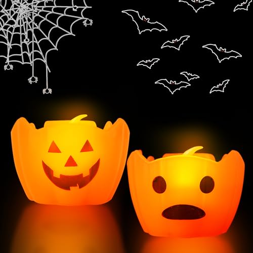 Halloween Lotus Kürbis LED Teelichter, Halloween Deko Lotus Kürbis LED Kerzen, Flammenlose Flackern Kerze Pumpkin Licht Elektrische Batteriebetriebene Teelicht Deko für Halloween Dekoration (2 Stück) von FZQBEY