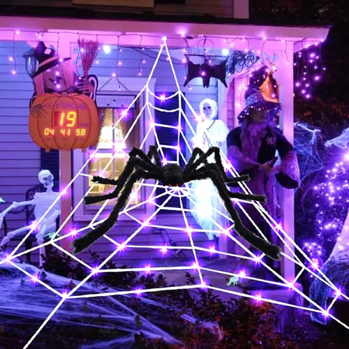 Halloween Spinnennetz Deko Outdoor Lichter 150 LEDs 8 Modes Lila Lichterketten 5 Meter Durchmesser Wasserdichte Halloween Horror Netzlichter Deko mit 22 Spinnen für Haushof Garten Indoor Outdoor (A+B) von FZQBEY