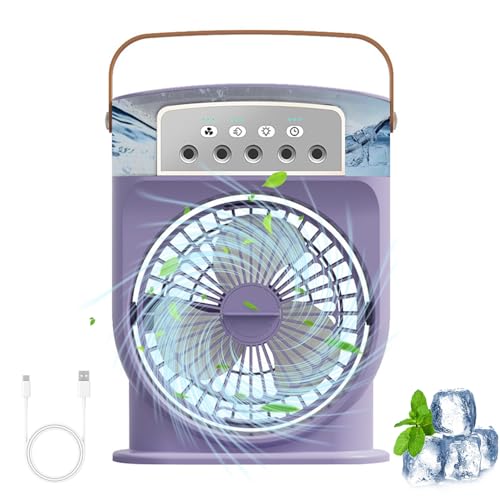 Mobile Klimageräte Mini Luftkühler, 5 in 1 Klimaanlage Klein Tragbare, Luftbefeuchter, mit 7 Farben LED Licht und 3 Geschwindigkeiten, 1/2/3 Stunden Timer, Air Cooler Ventilator mit Wasserkühlung (D) von FZQBEY