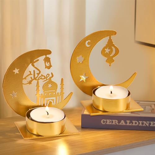 2 Stück Moschee Moon Kerzenständer Metall, Teelichthalter Gold Deko, Teelichter Kerzenständer, Teelichthalter Teelicht Kerzenhalter, Orientalische Deko für Wohnzimmer Modern, Tischdeko, Ramadan Deko von FZQBEY
