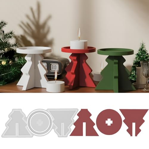 Silikonformen Gießformen Weihnachten, Silikonform Weihnachten Weihnachtsbaum mit Tablett Silikonform Kerzenhalter Gießformen Silikon Weihnachten Gips Giessformen Silikon Gießform Kerzenhalter (A) von FZQBEY