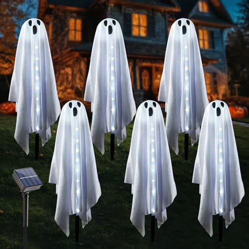 Solarlampen für Außen Garten, 6 Stück Halloween Deko Outdoor Geister Solarleuchten Gartendeko Gartenleuchten Geister Solarlaterne mit 8 Modi IP65 Wasserdicht Solar Wegleuchte Geist Solarlichter (A) von FZQBEY