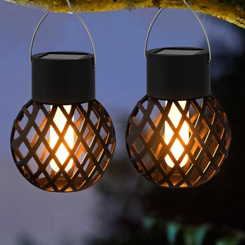Solarlampen für Außen Hängend, Solarleuchten Hängend mit LED Birne, Flackernder Flamme Solarlaterne für Außen, IP67 Wasserdichte Solarleuchten für Außen Garten Deko Balkon Terrasse Weg Hof (A*2PCS) von FZQBEY