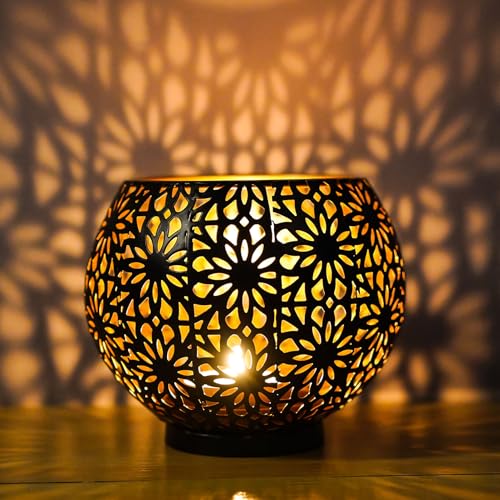 Teelichthalter Schwarz Gold Metall, Windlicht Orientalische Deko Windlichter Tischdeko, Moderne Laterne Kerzenhalter Deko Wohnzimmer Vintage Teelichtgläser Kerzengläser Kerzenständer für Kerzen Deko von FZQBEY