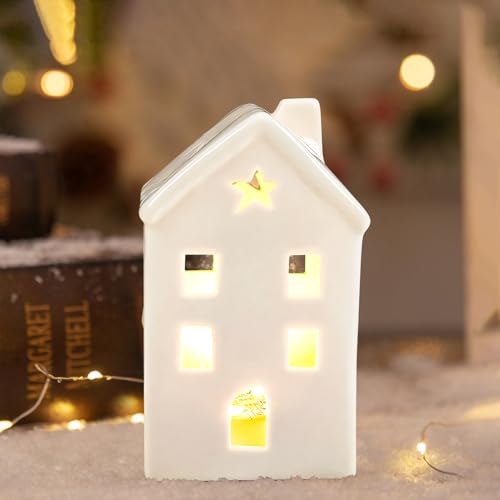 Teelichthaus Keramik, Weihnachtsdeko Lichthäuser mit LED Licht, Lichterhaus aus Porzellan, Lichthaus Weiss Weihnachtshaus Teelicht Haus Windlicht Haus Teelichthalter für Weihnachten Deko (B) von FZQBEY