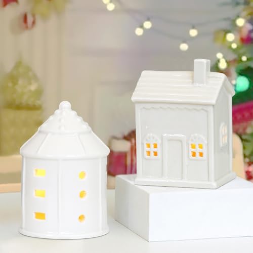 Teelichthaus aus Porzellan, Lichthäuser Lichterhaus Keramik Weihnachtsdeko, Lebkuchenhaus Lichthaus, Leuchthaus, Weiss Weihnachtshaus Teelicht Kerzenhalter Teelichthalter für Weihnachten Deko (A+B) von FZQBEY
