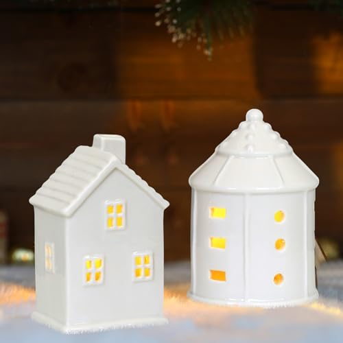 Teelichthaus aus Porzellan, Lichthäuser Lichterhaus Keramik Weihnachtsdeko, Lebkuchenhaus Lichthaus, Leuchthaus, Weiss Weihnachtshaus Teelicht Kerzenhalter Teelichthalter für Weihnachten Deko (B+C) von FZQBEY