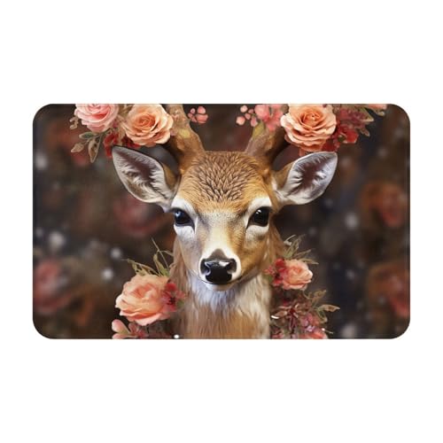 Fußmatte für Eingangsbereich, Hirsch, mit Blumen, rutschfeste Teppiche, Flanell-Fußmatten, Badematte, niedriges Profil, 50,8 x 80 cm von FZQVSLCM
