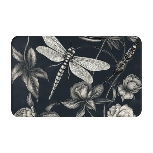 Fußmatte für den Eingangsbereich, saugfähig, schwarze Blumen und Libellen, Fußmatte für drinnen und draußen, rutschfeste Teppiche, Flanell-Fußmatten, Badematte, flaches Profil, 50,8 x 80 cm von FZQVSLCM