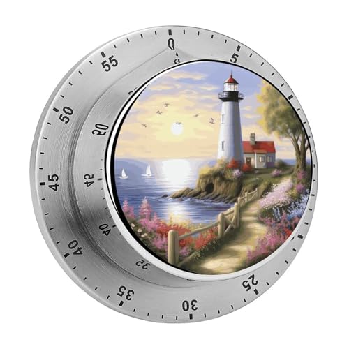 Magnetischer Küchentimer aus Edelstahl, Leuchtturm, Diamantmalerei, bedruckt, mechanisch, manuell, Timer für Fitness-Projekte, Küchenlernen, Countdown-Timer von FZQVSWTX