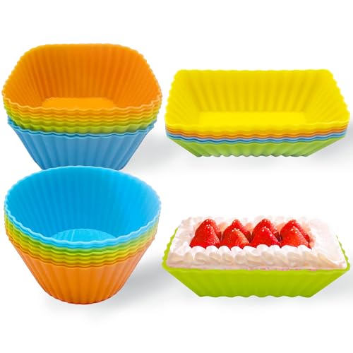 24 Stück silikon muffinförmchen（Rechteckiges, quadratisches, rundes Combo-Set），muffinform silikon Mehrweg，brotdosen zubehör，muffinförmchen bpa frei，Wird in Kuchen, Brot, Sahne, Pudding verwendet von FZSECRIU