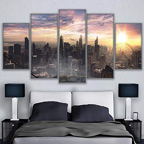 FZSWD Leinwanddrucke Gemälde Wohnkultur 5 Stück Chicago Cityscape Sky View Poster Wandkunst City Sunrise Landscape Pictures Framework von FZSWD