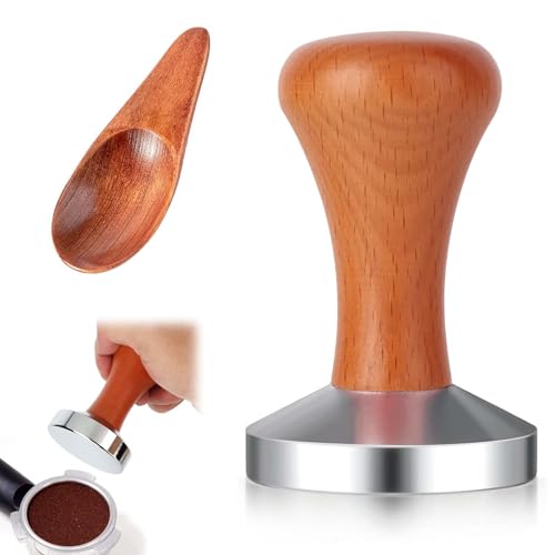 FZYCOM Kaffee Tamper mit 1 Stück Holzkaffeelöffel, Kaffeestempel Edelstahl, Espresso Tamper, Edelstahl Base, Holzgriff Geeignet für das Stampfen und Mahlen von Kaffee von FZYCOM