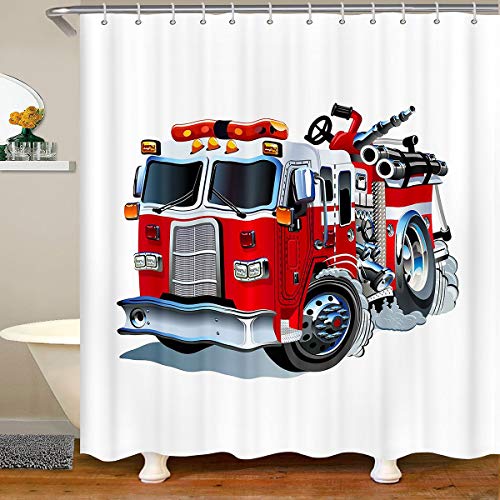 3D-Feuerwehrauto-Stoff, Badezimmer-Duschvorhang, Cartoon-Design, wasserdicht, Duschvorhänge für Kinder, Jungen, Mädchen, Feuerwehr, Rettung, Feuerwehr, Duschvorhang mit Haken, roter Autovorhang, 183 x 3D-Feuerwehrauto-Stoff, Badezimmer-Duschvorhang, Cartoon-Design, wasserdicht, Duschvorhänge für Kinder, Jungen, Mädchen, Feuerwehr, Rettung, Feuerwehr, Duschvorhang mit Haken, roter Autovorhang, 183 x von FaCaiYa