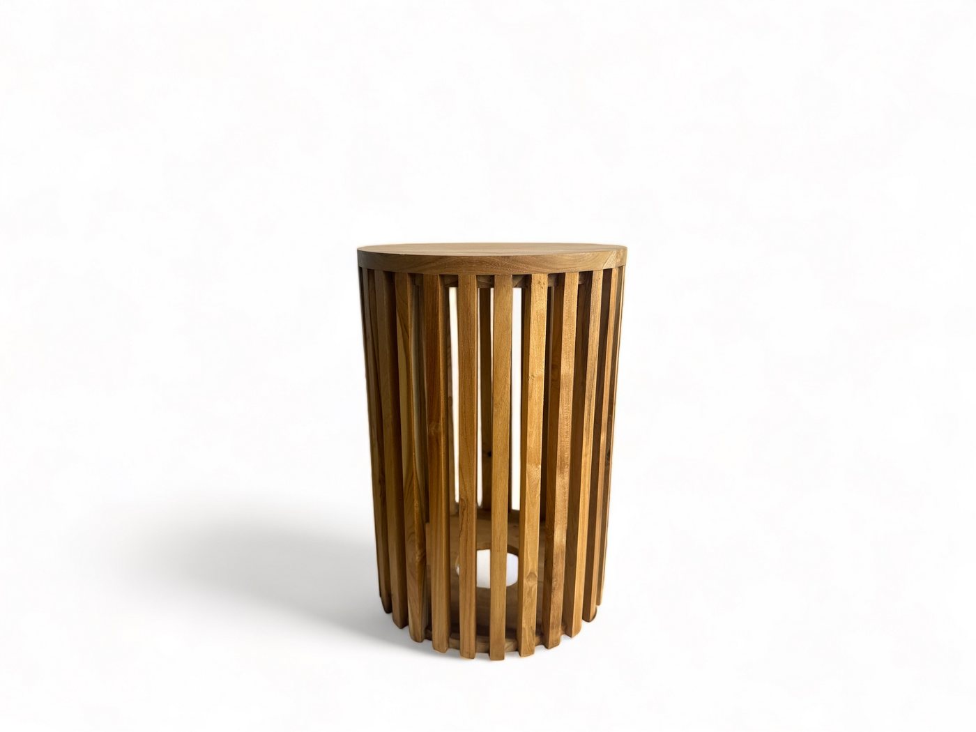 FaHome Beistelltisch Handgefertigt Teakholz Blumenhocker (Holzleisten an den Seiten - Rund), - Massivholz Natur in Modernem Design - von FaHome