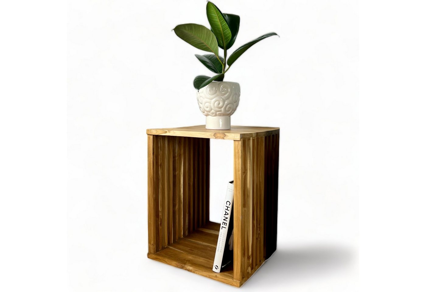 FaHome Beistelltisch Handgefertigt Teakholz - Massivholz - (Holzleisten an den Seiten - Würfel), Natur in Modernem Design - Blumenhocker – von FaHome