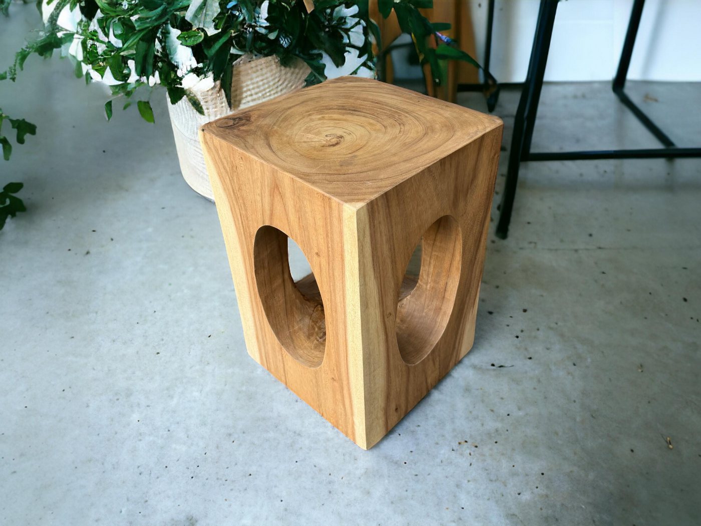 FaHome Beistelltisch Holz – Couchtisch Blumenhocker Hocker - (Eckig mit O-Ausschnitt Suarholz - 45x30x30 cm), Handgefertigt von FaHome
