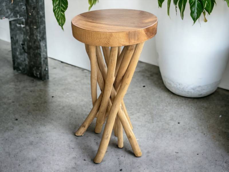 FaHome Blumenständer Holz Beistelltisch – Holzhocker Couchtisch Rund (50x28x28 cm), Handgefertigt Verzweigt aus Suar- und Teakholz von FaHome