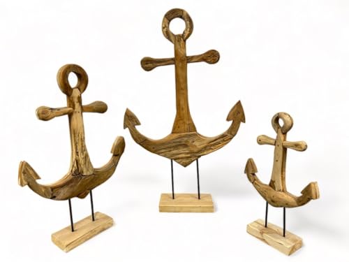 FaHome Handgefertigter Teakholz-Anker - Dekorative Skulptur - Hochwertige Handwerkskunst - Auf einem Sockel stehend (50 cm x 30 cm x 12 cm) von FaHome