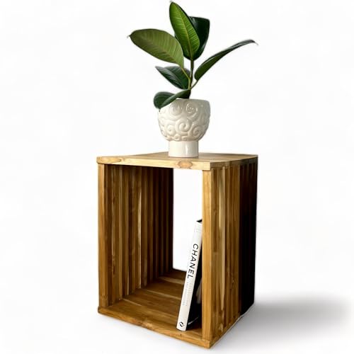 FaHome Handgefertigter Teakholz-Beistelltisch - Massivholz Natur-Unikat in Modernem Design – Holzleisten an den Seiten - Würfel von FaHome